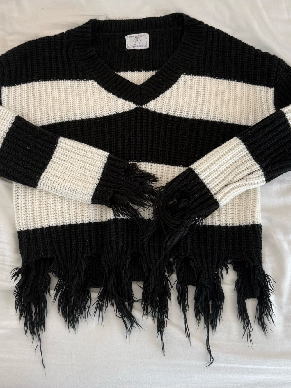 Absolutely Black & White Striped V-Neck Fringe Sweater